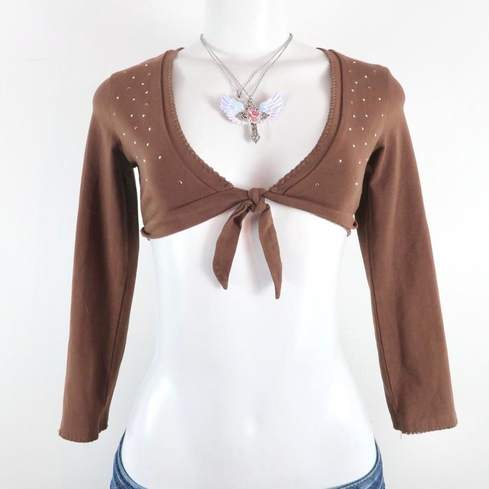 y2k brown fairy rhinestone tie front shrug bolero long sleeve top